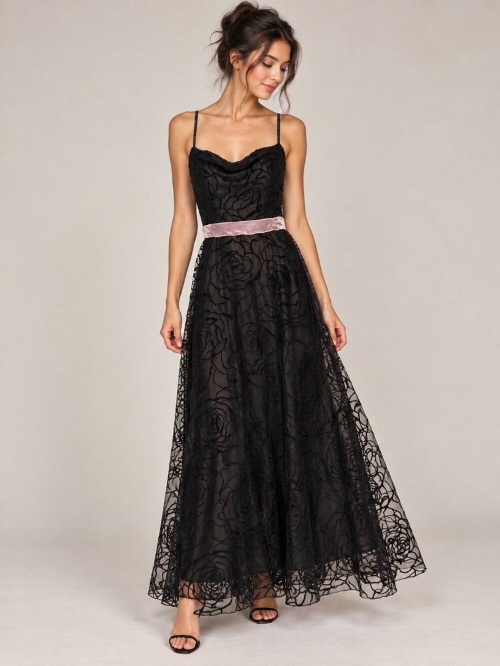 Vintage Zum Zum by Niki Livas Black Rose Lace Maxi Dress 5/6